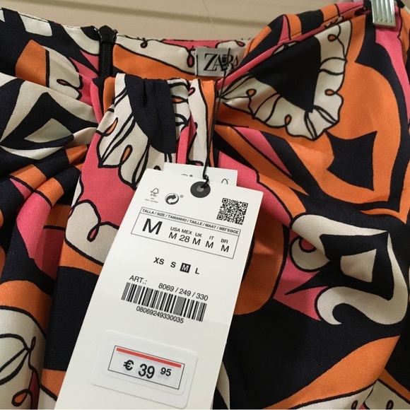 Zara Printed Knot Tie Pareo Midi Skirt Orange Black Mid Rise Size M New 8069/249 - Picture 2 of 6